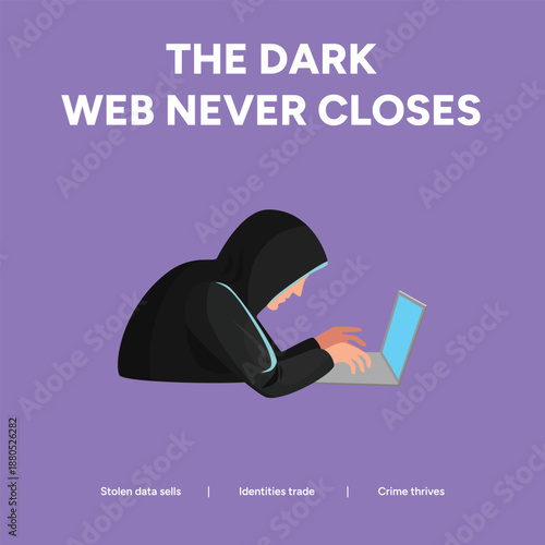 Dark Web Cybercrime Awareness Illustration Featuring Hooded Figure Using Laptop in Dark Surroundings