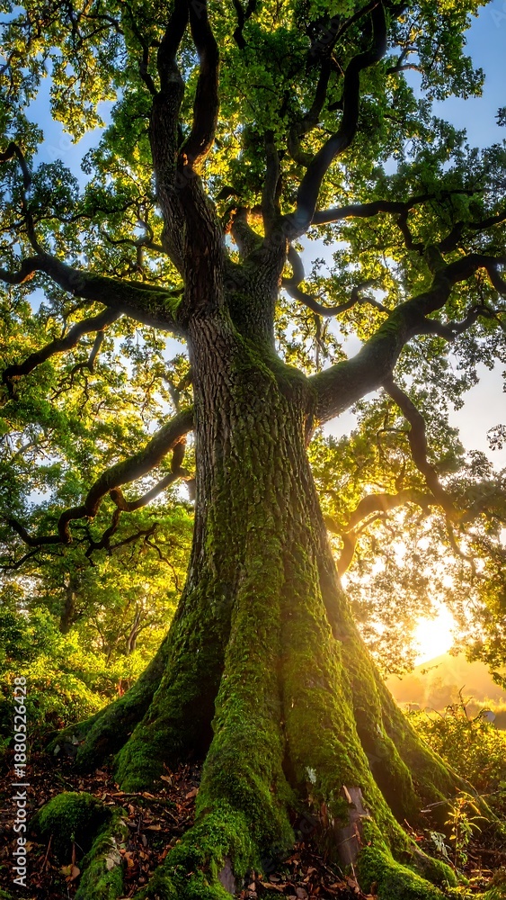 Obraz premium Majestic moss-covered tree trunk rises tall with sprawling branches against a soft golden light and blue sky background
