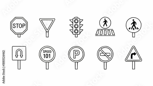Collection of traffic and road signs icons.