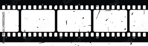 Blank grunge film strip template featuring four empty white frames with sprocket holes for creative overlays