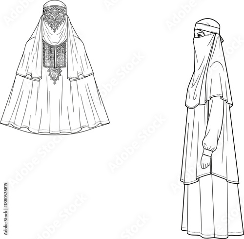 Traditional Islamic garment illustration, niqab front and side view, lace detail, modest fashion sketch, cultural attire reference for design studies