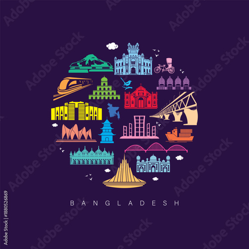 set of Bangladesh landmark  icons royalty free vectors illustration art for Logo, T shirt, banner, card design.world tourism day