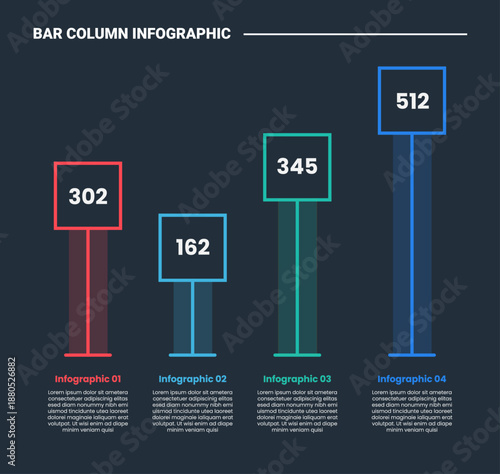 bar column infographic process diagram with square box with tall line and transparent box with score point number with dark background bright outline style 4 points