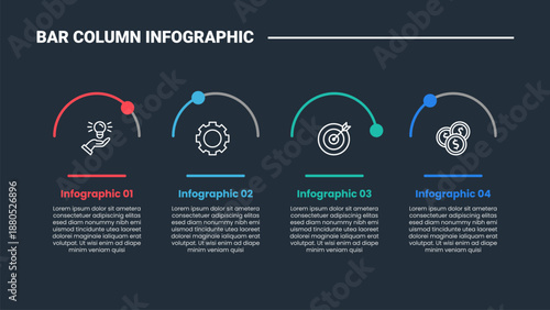 bar column infographic process diagram with half circle cut with small badge show percentage progress with dark background bright outline style 4 points