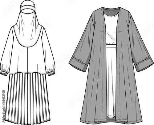 Traditional modest fashion illustration set, niqab and abaya garment design, cultural clothing sketch, layered head covering, pleated skirt detail