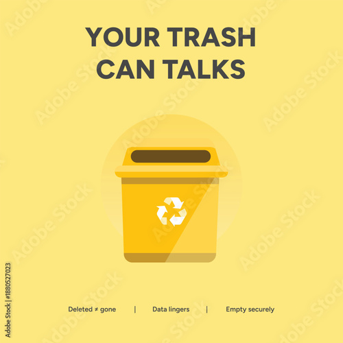 Secure data disposal illustration with a yellow recycle bin symbolizing the importance of emptying trash and shredding digital files securely