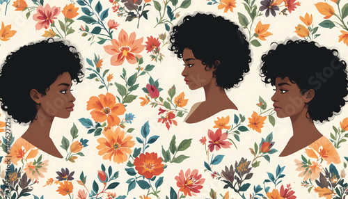 African woman floral pattern, vibrant flowers, elegant profile.