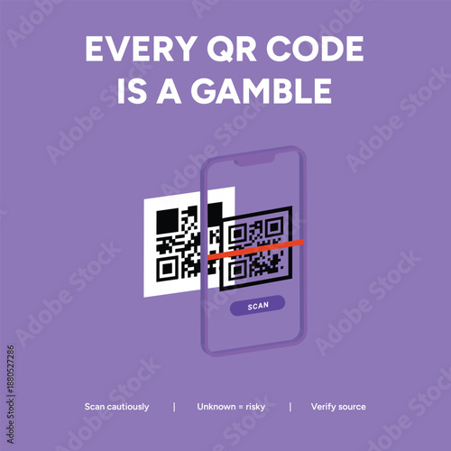 QR code security and quishing awareness illustration showing a smartphone scanning a code with a warning about scanning unknown digital sources