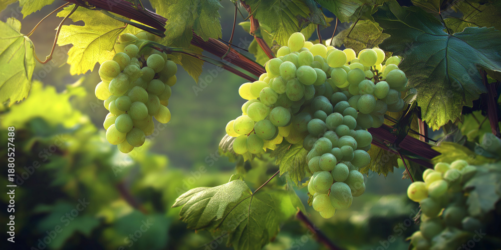 Naklejka premium Sunlight filters through vibrant leaves, illuminating clusters of Pinot Grigio grapes on the vine Generative AI