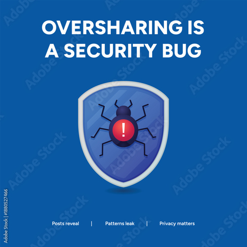Oversharing and social media security illustration with a bug icon on a shield representing privacy vulnerabilities caused by excessive personal posts