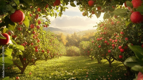 Lush Apple Orchard Nestled in Idyllic Rolling Countryside Landscape