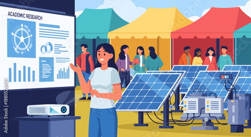 Woman presenting solar panel technology.