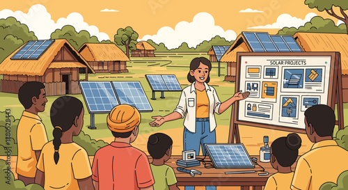 Woman teaching solar panel technology.