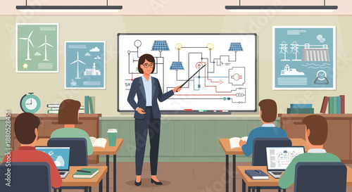 Woman teacher standing in classroom.