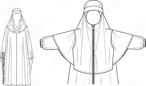 Modest garment technical illustration, front view with arms down and extended, head covering, zipper detail, fashion design sketch for cultural attire