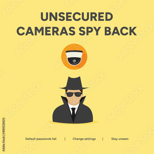 IoT security and surveillance camera vulnerability illustration with a spy character representing the risk of unsecured cameras and default passwords
