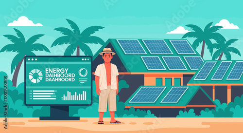 Man standing next to solar panel.