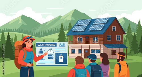 People looking at solar panel house.