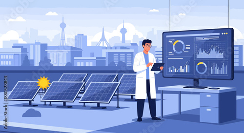 Scientist standing next to solar panels.