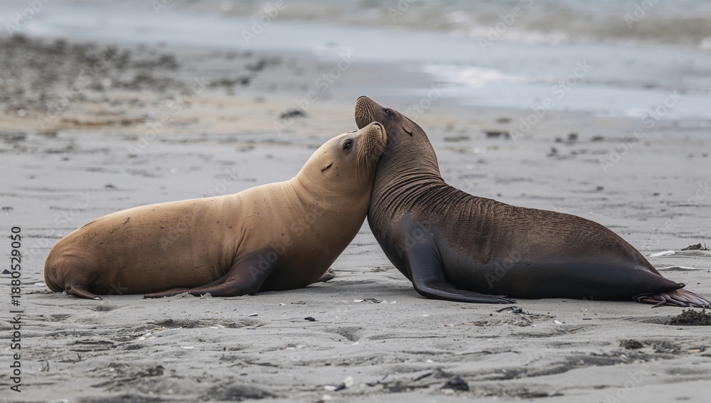 Fototapeta premium Pair of sea lions relaxing on shore with sandy background representing ocean wildlife