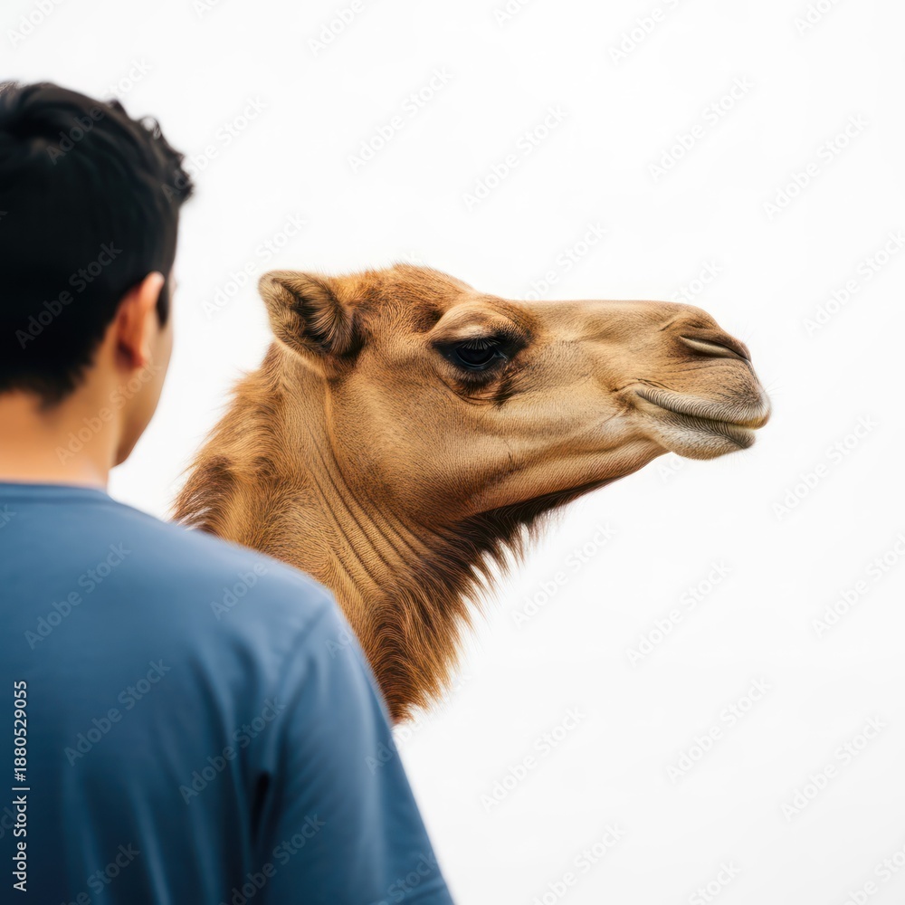 Obraz premium A man in a blue shirt stands facing a camel, with the camel's head turned towards the camera, set against a plain white background.