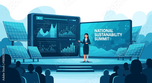Woman Presenting at Sustainability Conference Stage.