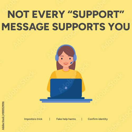 Tech support scam awareness illustration with a female support agent avatar representing impersonation and identity verification in communication