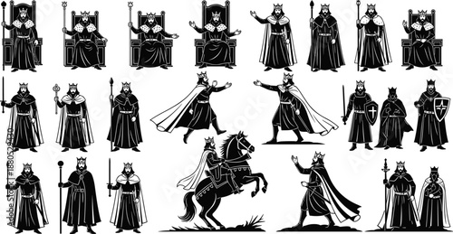 Royal king illustrations, medieval monarch poses, black and white vector kings, throne, crown, sword, cape, historical character design, vintage royalty clipart