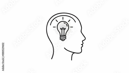 Human head profile with a glowing light bulb inside representing an idea.