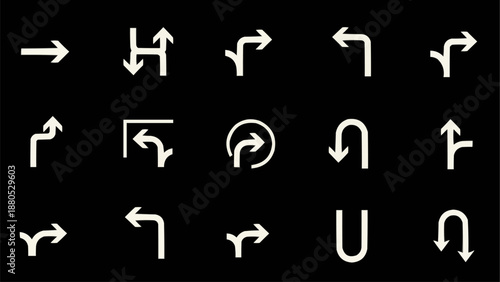 Collection of White Directional Arrows on Black Background.