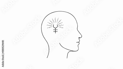Symbol of Mercury inside human head outline representing thought.