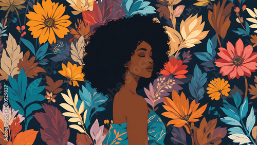 Beautiful black woman with afro hairstyle surrounded by vibrant flowers.