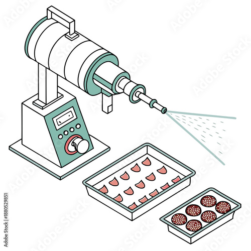 Industrial Electrostatic Spraying System for Food Coating Technology, Vector Illustration on White Background
