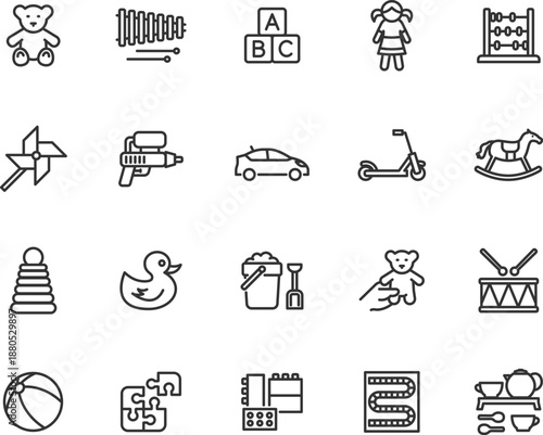 Vector set of toy line icons. Contains icons teddy bear, doll, xylophone, board game, drum, abacus, rocking horse and more. Pixel perfect.