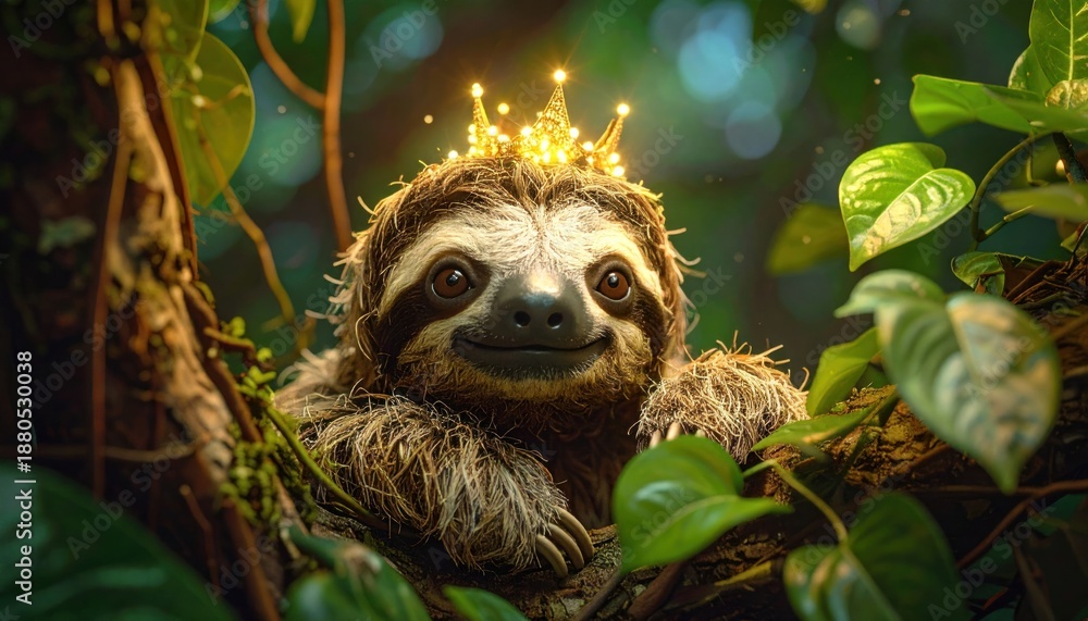 Fototapeta premium A regal sloth wearing a golden crown amidst lush jungle foliage.