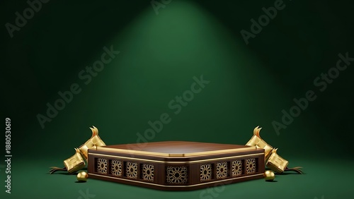 Luxurious Wooden Podium with Golden Islamic Patterns and Festive Ketupat Decorations on a Rich Green Background