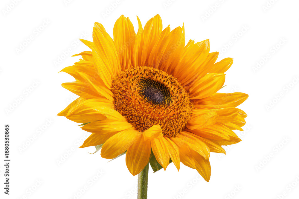 Obraz premium A single yellow sunflower with a brown center. The flower is the main focus of the image and is surrounded by a white background. The sunflower's bright yellow color, png