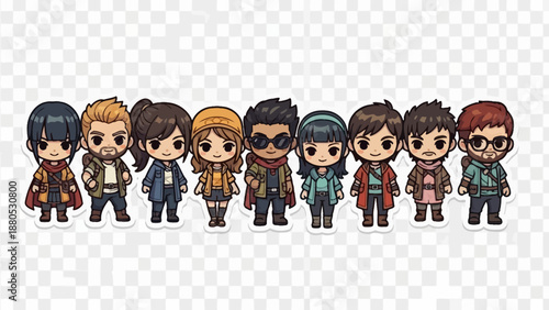 A smiling group of school kids and family members holding hands with speech bubbles in a fun vector illustration banner celebrating friendship and childhood art