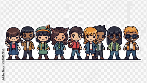 A happy group of smiling kids and family members including a father and mother hold a banner in this vector illustration drawing featuring a school boy and girls playing together for childhood fun