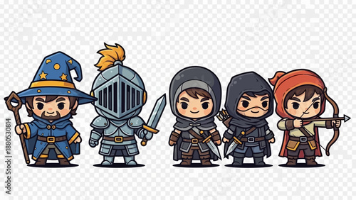 A funny cartoon illustration vector set of kids and a robot character in Halloween costumes playing with toys and a ball at a party