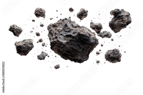 A bunch of rocks are floating in the air. The rocks are scattered in different directions and sizes. The scene gives off a sense of chaos and destruction, png