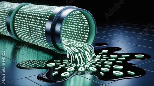 Digital data flowing like liquid from a futuristic pipe, representing data transfer and technology concepts.