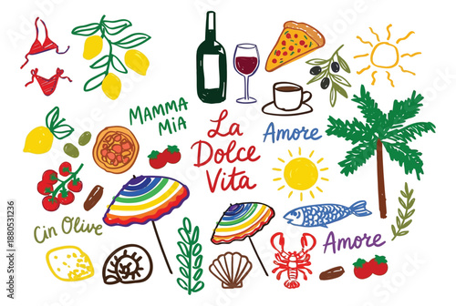 Hand drawn Italian and Greek summer vacation elements in colorful chalk doodle style, coastal food, wine and seafood travel icons for posters, postcards and retro wall art