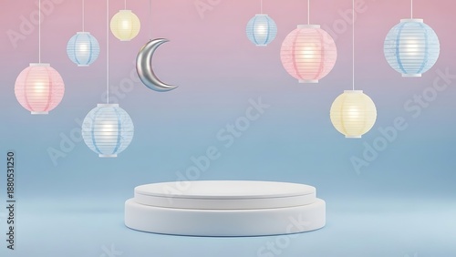 Minimalist Product Display Stage with Hanging Pastel Lanterns and Silver Crescent Moon Ornament on Gradient Background