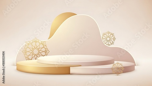 Elegant 3d Rendered Product Display Stage with Gold and Cream Podiums and Islamic Geometric Patterns