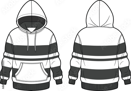 Striped hoodie sweatshirt CAD drawing, flat vector illustration, front and back view, technical apparel fashion design template