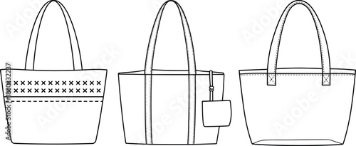 Tote bag CAD drawing set, flat vector illustration, front views, technical handbag accessory fashion design template