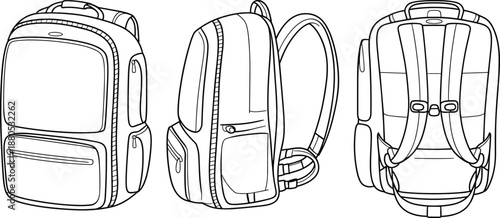 Travel backpack front side back views, technical cad drawing, flat vector illustration, school luggage accessory design template sketch outline lineart