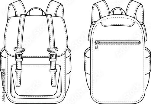 Vintage backpack technical drawing, front back views, buckle strap school travel laptop bag, minimal outline design, product specification, flat vector illustration