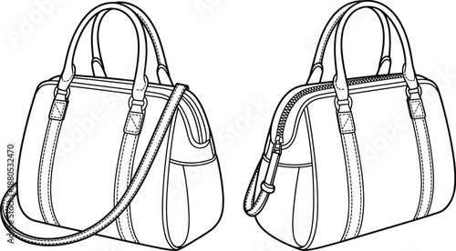 Women handbag front and side view, cad drawing flat vector illustration, clean outline purse design, fashion accessory, isolated white backgroundWomen handbag front and 